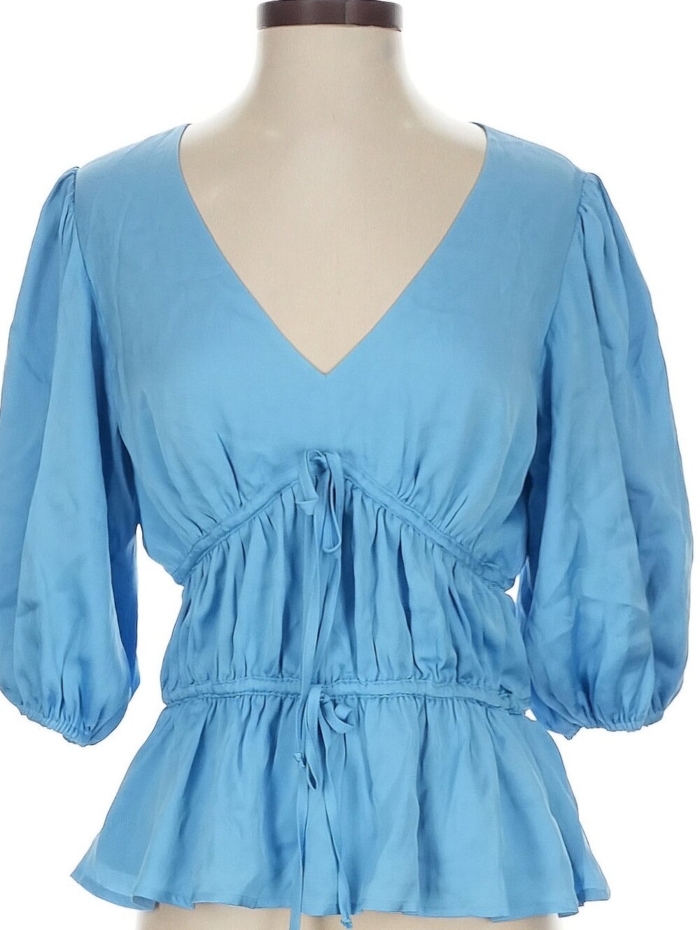 S'EDGE Sky BlueAnthropologie‎ Ruched Smocked Peplum Blouse Puff Sleeves Size Sl